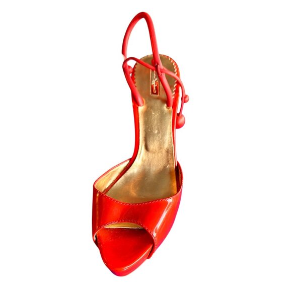 Report Signature Size 9 Red Strappy Peep-Toe Heels Gold Insole Stiletto - Picture 6 of 9